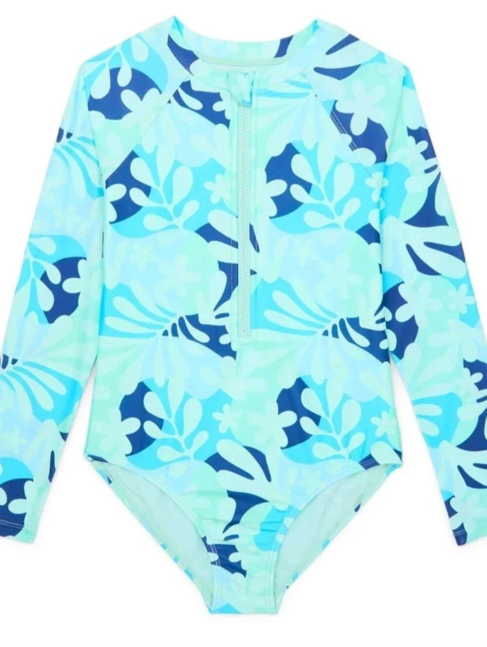 One-Piece Zip Up Swimsuit Blue/Green Floral Print Kids/Girls Size S (6-6X) NWOT
